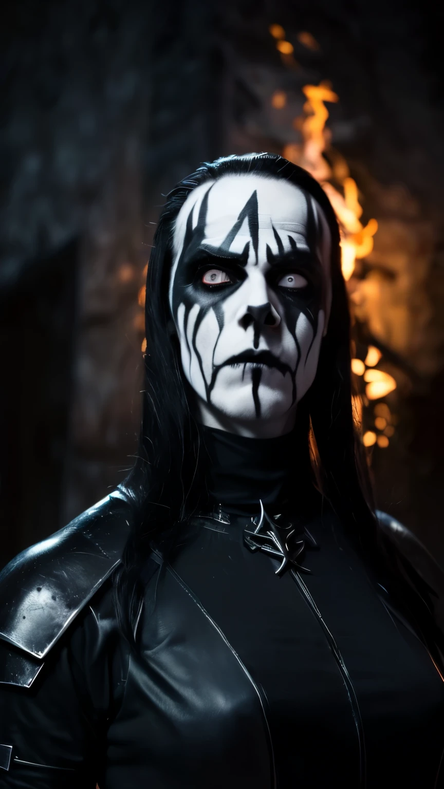 (masterpiece, best quality:1.2), (((1man, male))) , solo, highres, best quality, Half body shot of a strong Man, pale white skin angry man with (((black metal corpsy paint))), ((wtruff4 face, Angry face)) , heavy White and ((Black face paint, corpse paint)) wearing a black and silver armor, spike, in a gothic cemitery, at night, horror movie. high details, super detail, textured skin, masterpiece, UHD, 4K, 8k. ((Cinematic lighting)). Church on fire background 