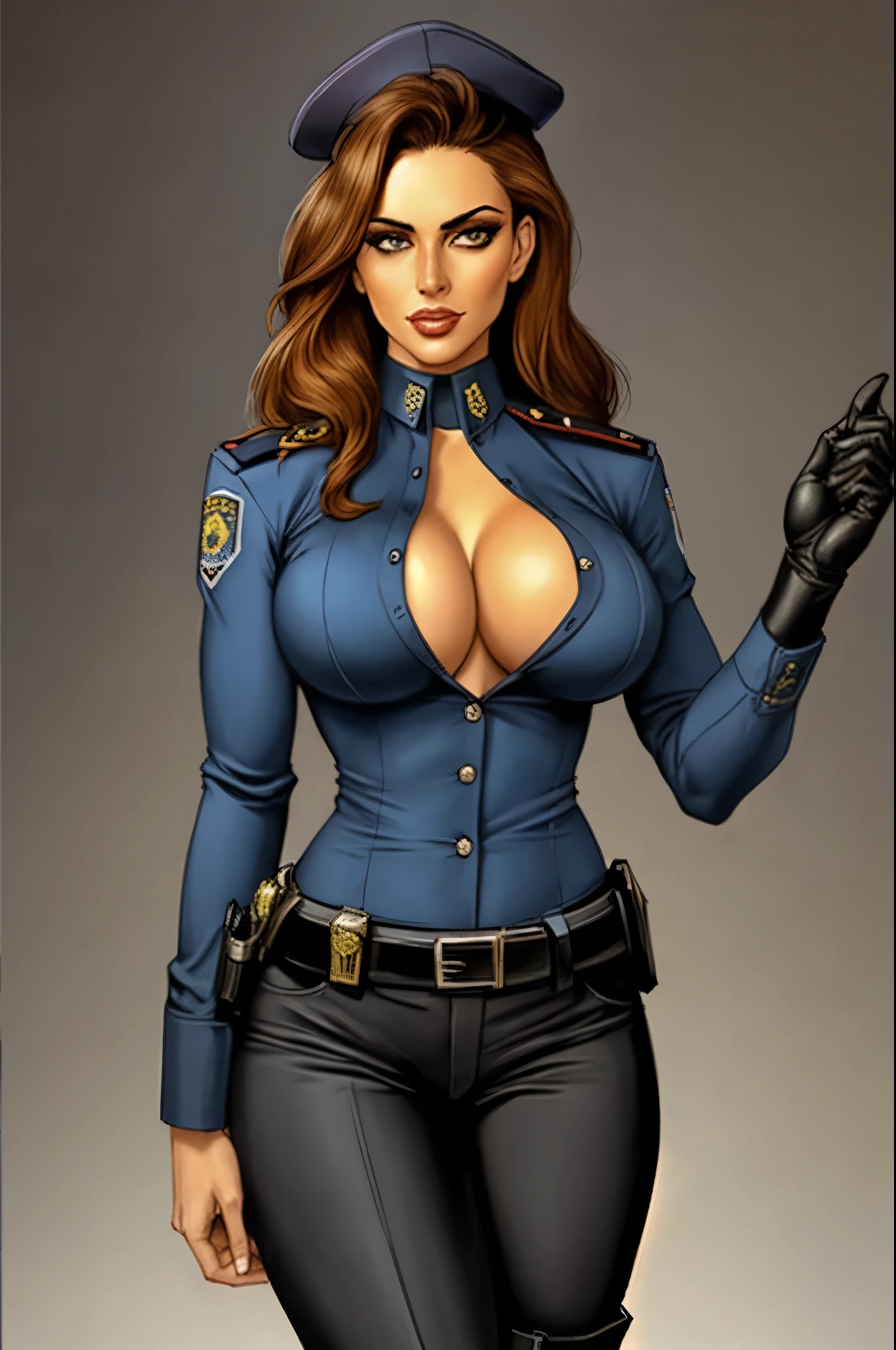 Busty cop, sexy uniform. realistic
