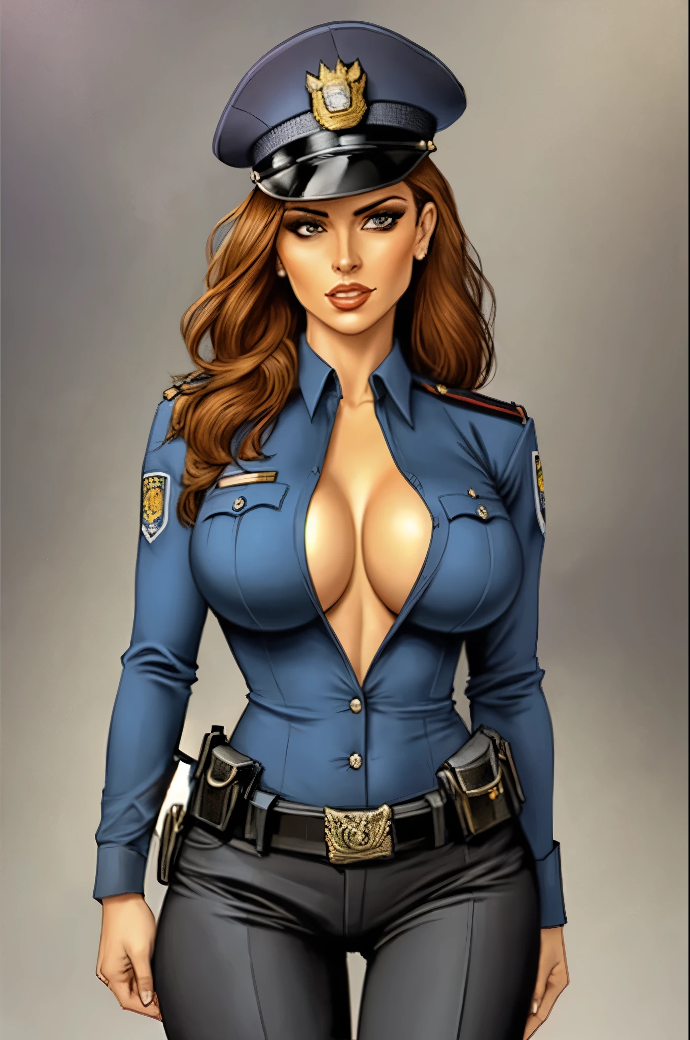 Busty cop, sexy uniform. realistic
