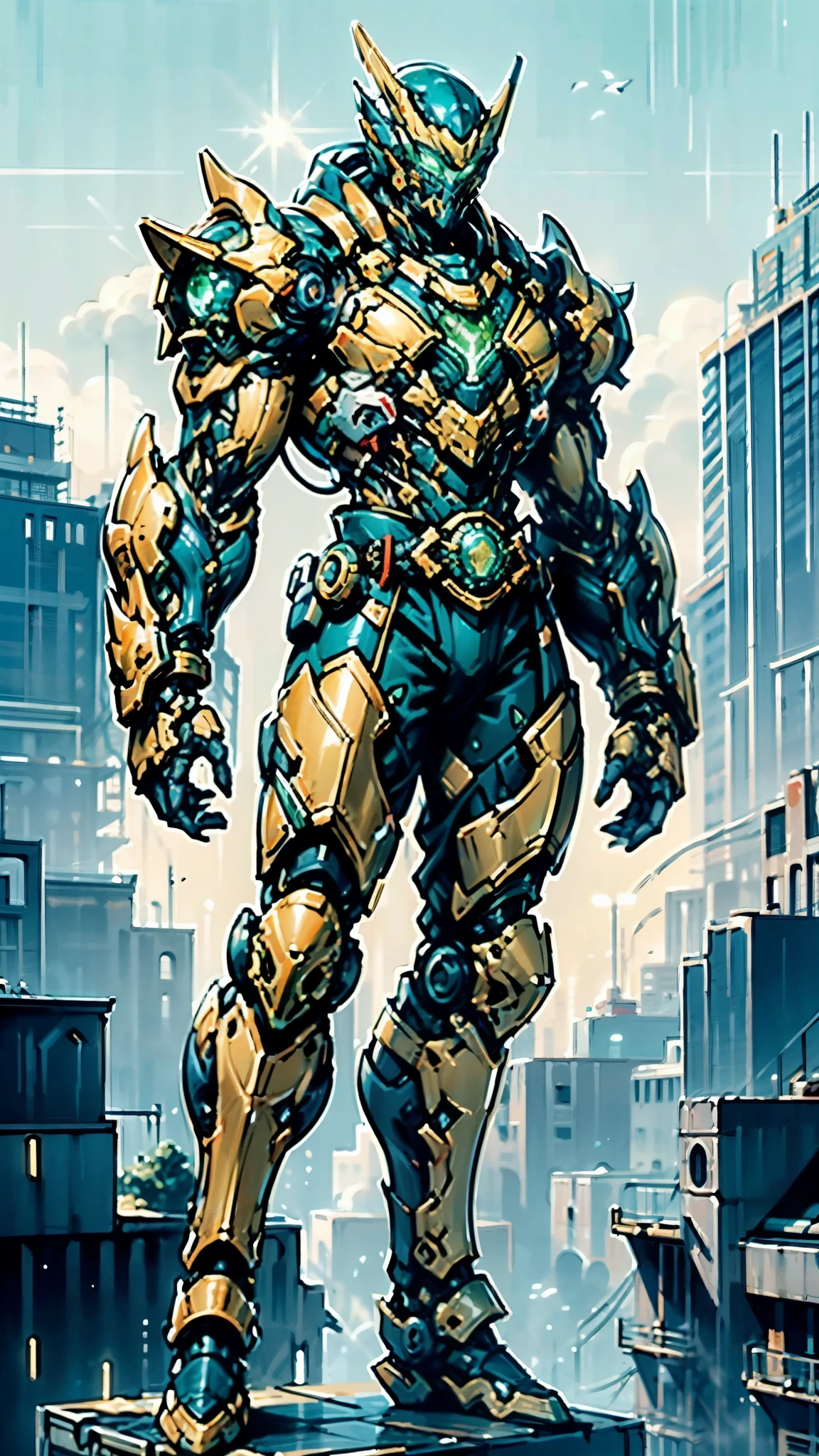 A man wearing a full-face helmet, a fantasy-style biotech armored combat suit, green eyes, (a composite layered chest armor), fully enclosed shoulder guards, matching arm and leg guards, the belt is adorned with cross, (the color scheme is primarily white with golden and blue accents), the design balances heavy with agility, a high-tech bio-mecha armor, (Armor Concept Inspired by Paladin, stand on the top of a skyscraper in a futuristic sci-fi city), this character embodies a finely crafted fantasy-surreal style armored hero in anime style, exquisite and mature manga art style, (battle damage, element, plasma, energy, the armor glows), ((male:1.5)), metallic, real texture material, dramatic, high definition, best quality, highres, ultra-detailed, ultra-fine painting, extremely delicate, professional, perfect body proportions, golden ratio, anatomically correct, symmetrical face, extremely detailed eyes and face, high quality eyes, creativity, RAW photo, UHD, 32k, Natural light, cinematic lighting, masterpiece-anatomy-perfect, masterpiece:1.5