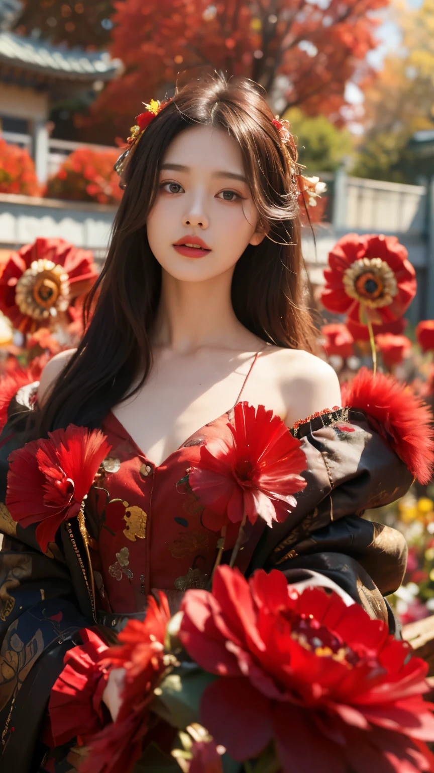(8K、top-quality、​masterpiece:1.2)、(8K、top-quality、​masterpiece:1.2)、dark themed、(top-quality、​masterpiece:1.2)、20 year old girl wearing a ruined feather dress、(Confusion of red flowers in the background:1.3)、Beautie、korean temple、Beautuful Women、ornate、bewitching, smile