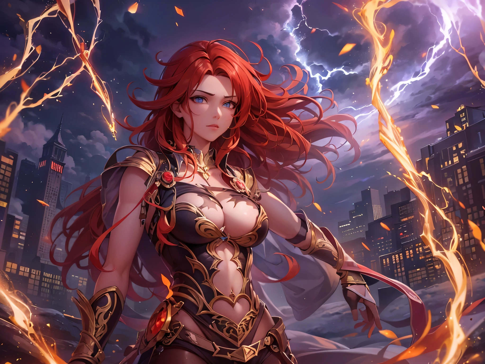 ((highest quality)),(Ultra-high resolution),(Super detailed new),(Detailed Description),((The best CG)),(A masterpiece),Ultra-detailed art,A wonderful new art form,(Art with precise detail:1.5), Fighting female hero, Light and Darkness, Endless battles, red,  Brilliant Lightning,