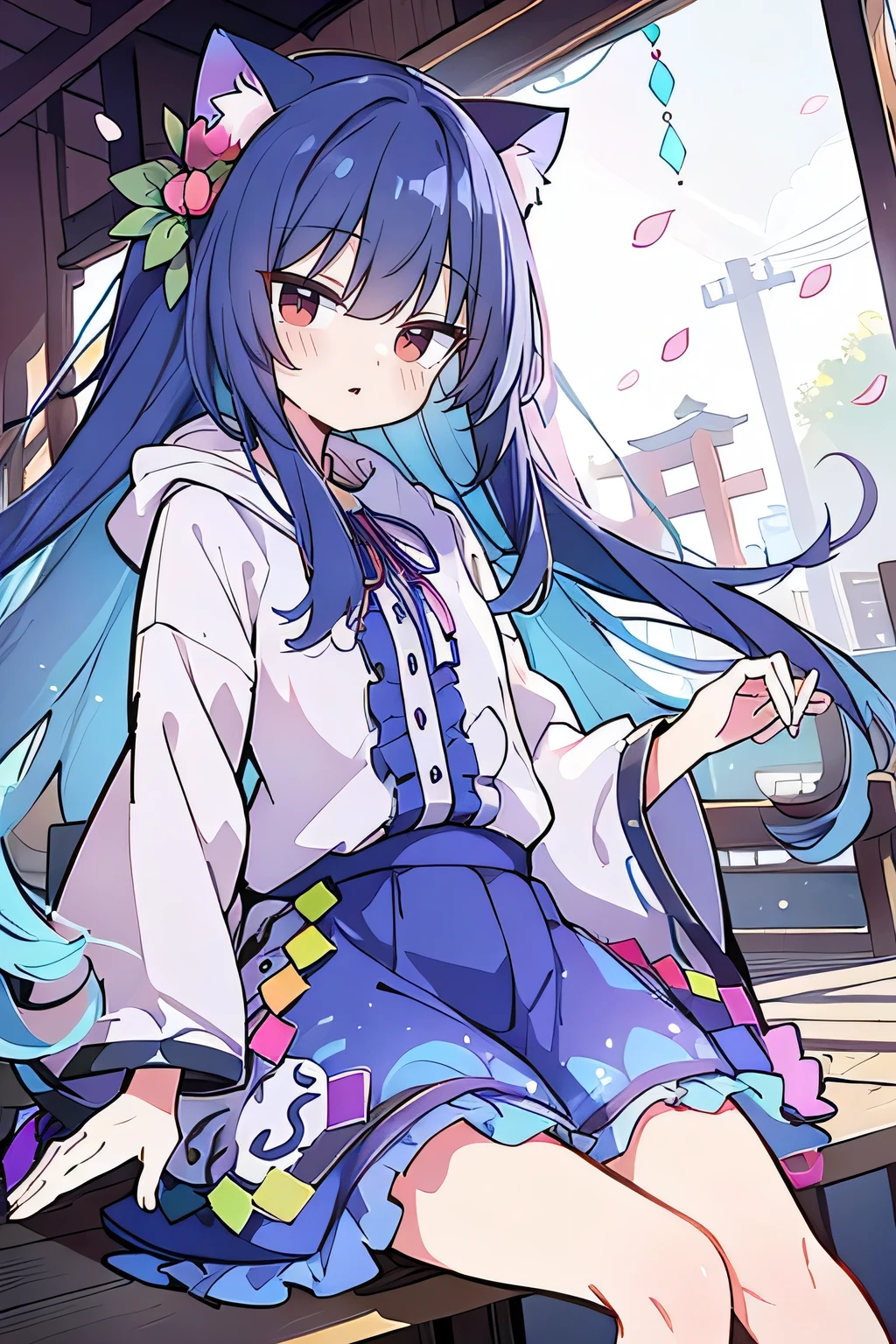A masterpiece, super detailed, lifelike, expressive eyes, fair skin, perfect face shape, 1 girl, Japanese comics, gorgeous blue flowing hair, flowing clothes, cat ears, petals fall, beautiful loli, baby angel, crossed legs, gentle and peaceful background, the pavilion is cool and comfortable, smiling, wearing a hoodie, background of Tokyo, back views, snowing, winter