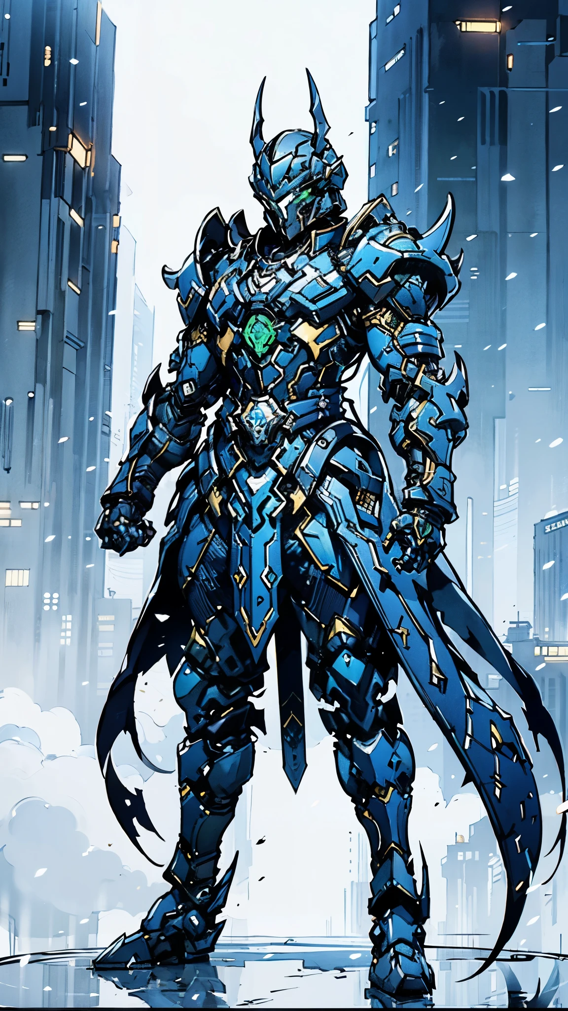 A man wearing a full-face helmet, a fantasy-style biotech armored combat suit, green eyes, (a composite layered chest armor), fully enclosed shoulder guards, matching arm and leg guards, the belt is adorned with cross, (the color scheme is primarily white with golden and blue accents), the design balances heavy with agility, a high-tech bio-mecha armor, (Armor Concept Inspired by Paladin, stand on the top of a skyscraper in a futuristic sci-fi city), this character embodies a finely crafted fantasy-surreal style armored hero in anime style, exquisite and mature manga art style, (battle damage, element, plasma, energy, the armor glows), ((male:1.5)), metallic, real texture material, dramatic, high definition, best quality, highres, ultra-detailed, ultra-fine painting, extremely delicate, professional, perfect body proportions, golden ratio, anatomically correct, symmetrical face, extremely detailed eyes and face, high quality eyes, creativity, RAW photo, UHD, 32k, Natural light, cinematic lighting, masterpiece-anatomy-perfect, masterpiece:1.5