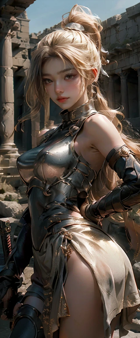 masterpiece、highest quality、超High resolution、Realistic skin texture、Leather Armor、Exposed breasts、Realistic、High resolution、RAW Photos、Shiny skin、Realistic skin texture、Best lighting、Shine、Dramatic lighting、Dynamic pose、Greek temple background、Ancient female warrior、Has a big sword、Ancient Arena、One girl、Balanced Eyes、Pink Armor、roman skirt plate、breastplate、Disconnect、Blonde Long Hair、ponytail、blue eyes、Looking at the audience、 Big Breasts、Big Ass、smile、rock、Iron Collar、