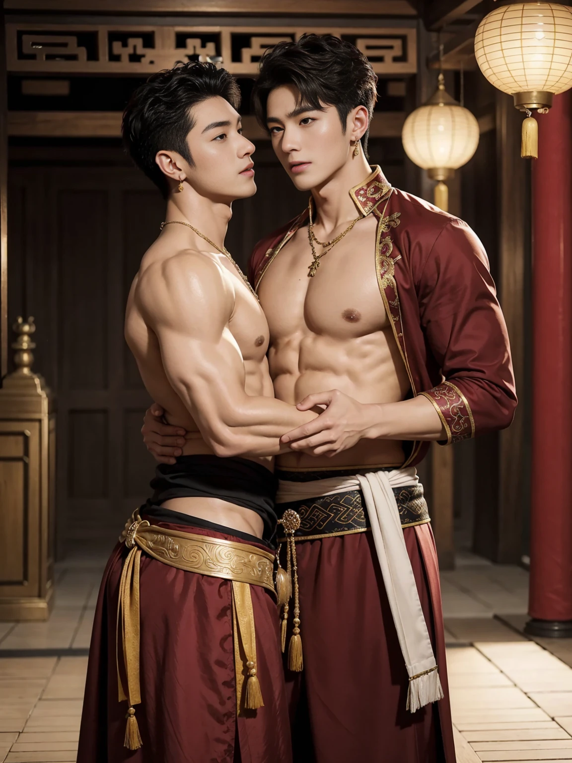 Two handsome boys kiss, Smile at each other, striking ,Embrace, kiss, touch the lips, cuddle, Romantic,skin contact, 中國male神, myth, Practical, Journey to the West, Super handsome,male子气概, Korean Idol, handsome korean actor, 20 years old,, Delicate face, male子气概 jawline, male子气概 chin, Detailed messy curly hair styling, Topless, muscle, Swelling of chest muscles,Plump and athletic figure, Full frame,full-body shot, Sexy, Practical, Human skin,rough real skin, Professional studio lighting, Red long Tibetan outfit, Full of jade and gold pendants , Jewelry details on the dress, earrings,Chinese temple background,outdoor, Ultra detailed background,Looking at the camera , open mouth, Under the loin cloth, warrior, Hanfu red wedding dress, male, Nobel Prize, seduce , Bare chest , Mostly juicy ass, just be frank,Perfect hand details