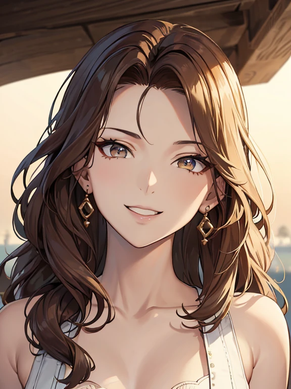 masterpiece, highest quality, High resolution,alone,Multiple hair colors, Very small earrings,artistic,Best lighting,casual,Flat Chest,Beautiful Face,expensive,smile,light makeup,Age 25,Calm woman,Face Focus,Detailed Hair,Laughing woman,amount,Wavy Hair,Woman wearing sunglasses,Woman in sleeveless,outside,morning