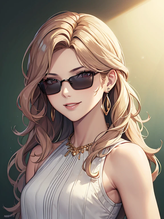 masterpiece, highest quality, High resolution,alone,Multiple hair colors, Very small earrings,artistic,Best lighting,casual,Flat Chest,Beautiful Face,expensive,smile,light makeup,Age 25,Calm woman,Face Focus,Detailed Hair,Laughing woman,amount,Wavy Hair,Woman wearing sunglasses,Woman in sleeveless,outside,morning