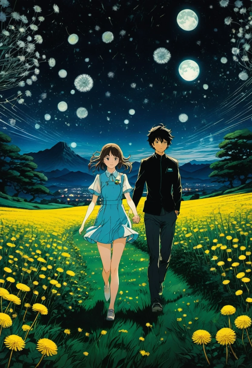Couple Photo, aesthetic, There's a young woman and young man holding each other's hand in a field of dandelions at night while running, by artist "anime", Anime Key Visual, Japanese Manga, Pixiv, Zerochan, Anime art, Fantia