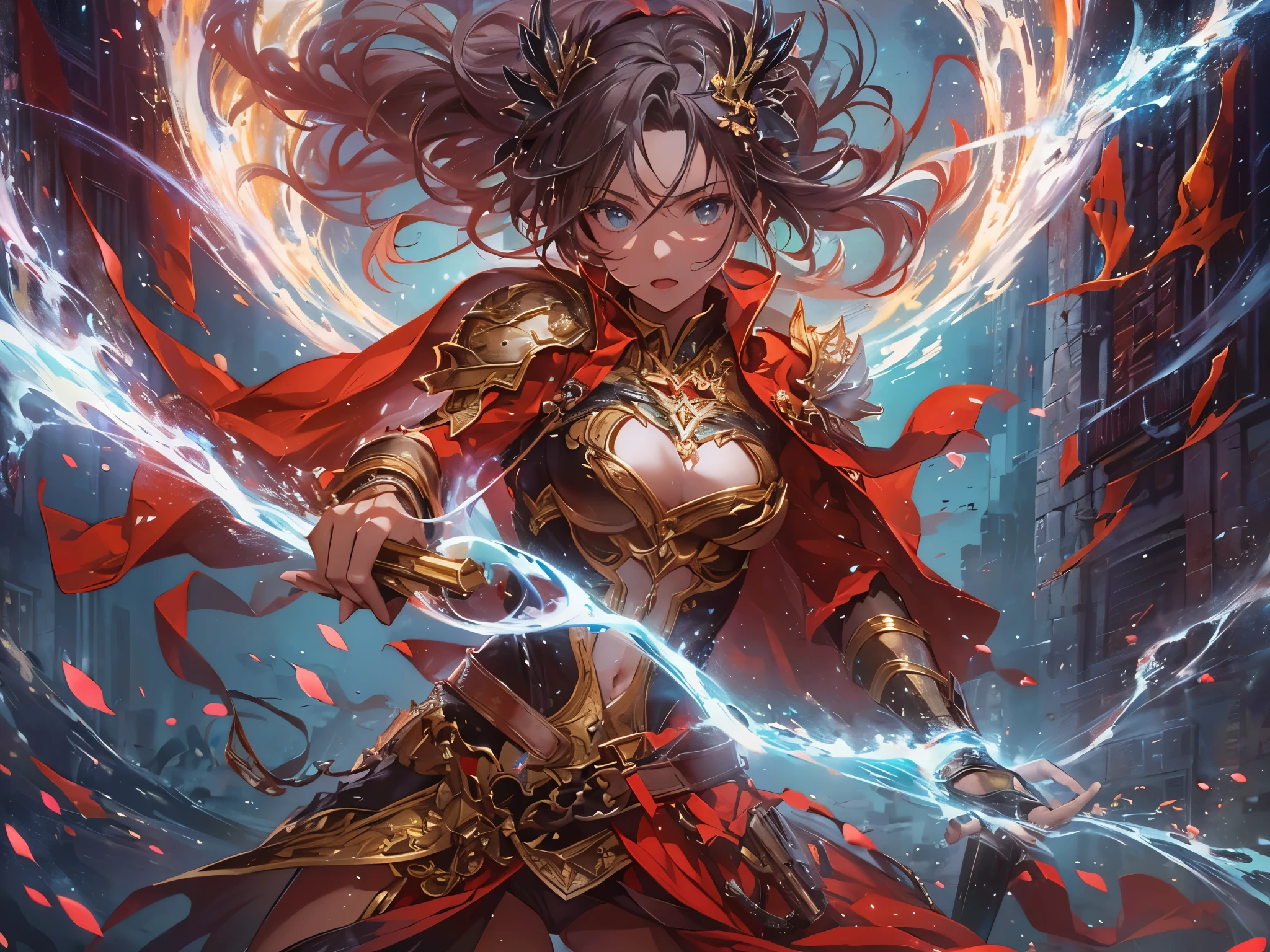 ((highest quality)),(Ultra-high resolution),(Super detailed new),(Detailed Description),((The best CG)),(A masterpiece),Ultra-detailed art,A wonderful new art form,(Art with precise detail:1.5), Fighting female hero, Light and Darkness, Endless battles, red, Brilliant Lightning,