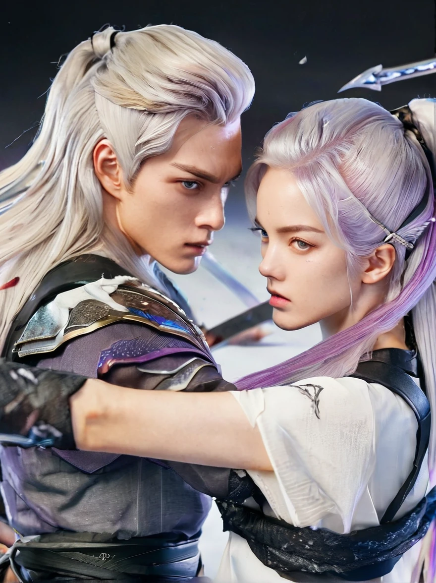 1 Girl,1 boy,(Swords meet swords),Face to face combat,Purple Hair,Purple Eyes,Very long hair,white hair,Ponytail,panoramic,whole body,The figure is located in the center,(Ultra HD, masterpiece, precise, Anatomically correct, best quality, 8K), 1yj1