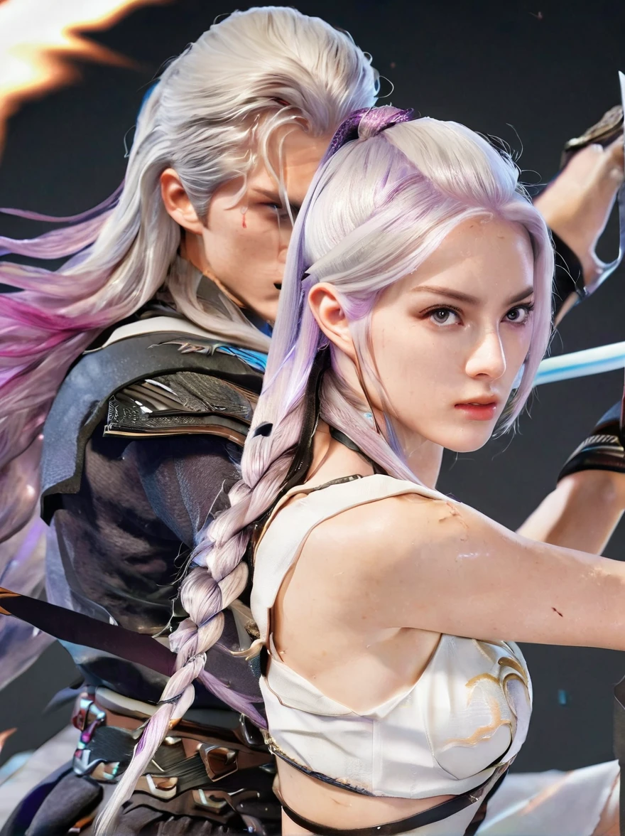 1 Girl，1 boy，(Swords meet swords)，Face to face combat，Purple Hair，Purple Eyes，Very long hair，white hair，Ponytail，panoramic，whole body，The figure is located in the center，(Ultra HD, masterpiece, precise, Anatomically correct, best quality, 8K), 1yj1