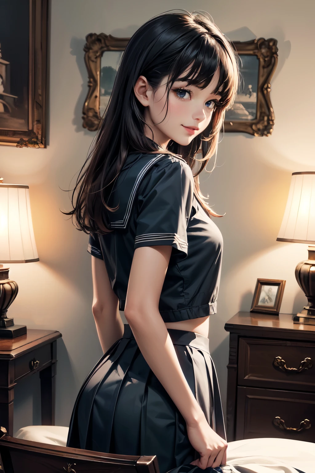 very cute and beautiful girl,(highly detailed beautiful face and eyes),
(smile:1.2),looking at viewer,black hair,serafuku,short sleeve,pleated navyblue mini skirt,
(looking back,from behind),(leaning forward,hands at furniture),
antique hotel bedroom,victorian gorgeous furnitures,
(best quality,masterpiece),absurdres,highres,ultra-detailed,extremely detailed,32k,8k resolution,
intricate details,cinematic scene,detailed background,solo,dynamic angle,