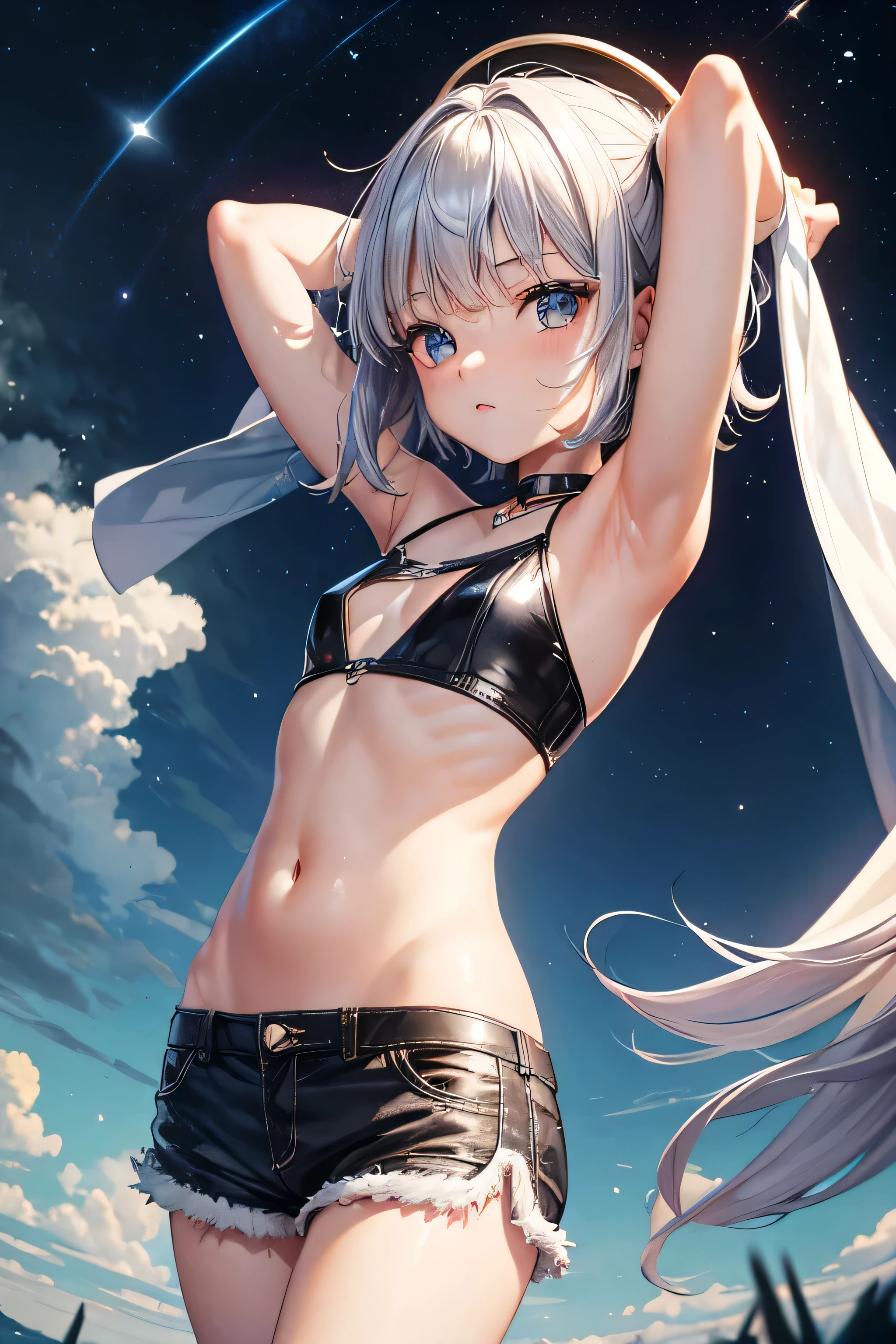 、Hurrah for your arms、Silver Hair、Tube top、Damage shorts、Belly button、Short Hair、background(Night Sky)、