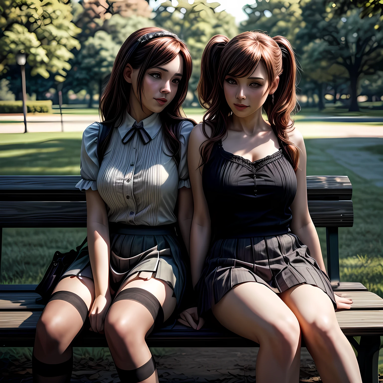 2 mature females, short skirts, long stocking with garter, sitting on bench at the park, daylight, (covered nipples:0.3), photo, photorealistic, photorealism