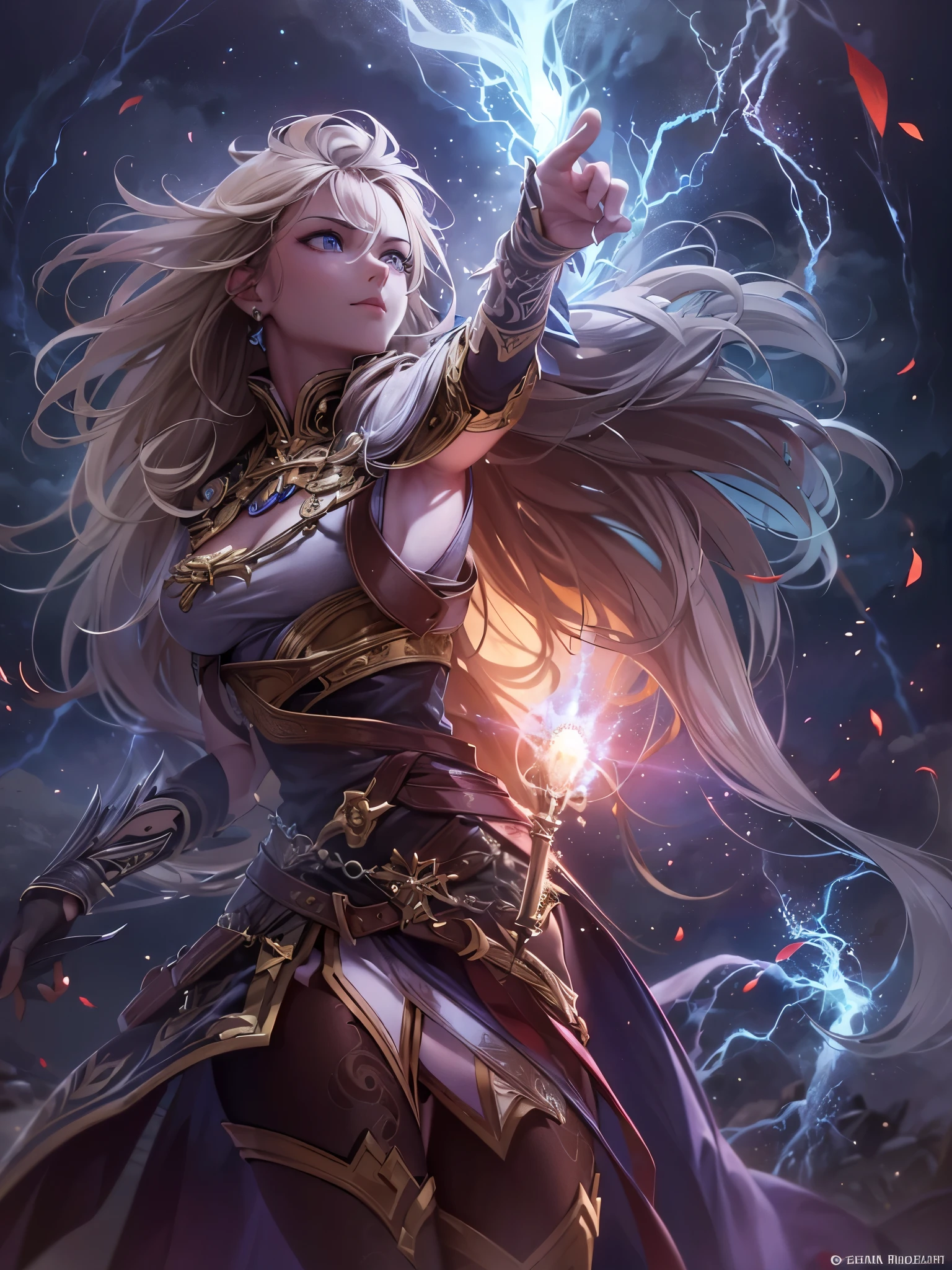 ((highest quality)),(Ultra-high resolution),(Super detailed new),(Detailed Description),((The best CG)),(A masterpiece),Ultra-detailed art,A wonderful new art form,(Art with precise detail:1.5), Fighting female hero, Light and Darkness, Endless battles, Brilliant Lightning,