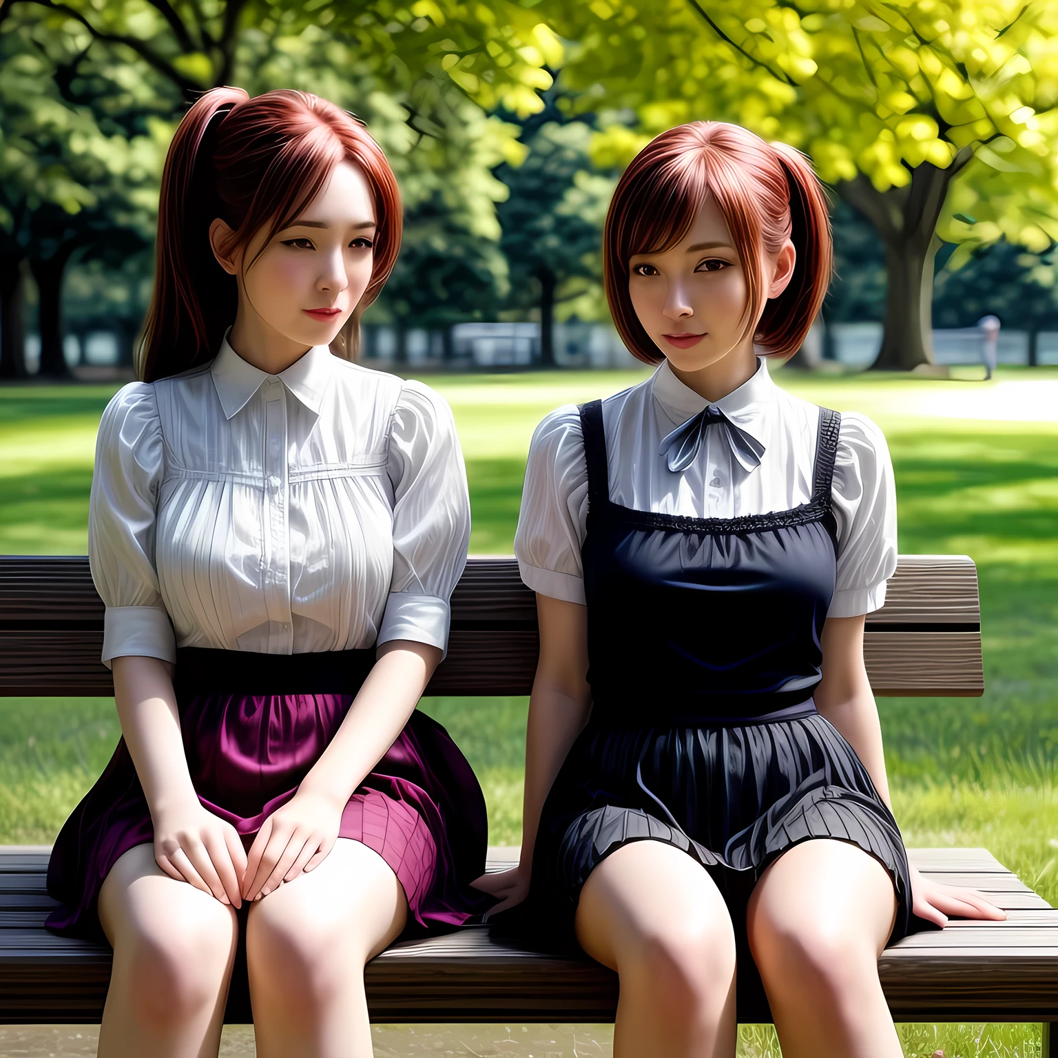 2 mature females, short skirts, long stocking with garter, sitting on bench at the park, daylight, (covered nipples:0.3), photo, photorealistic, photorealism
