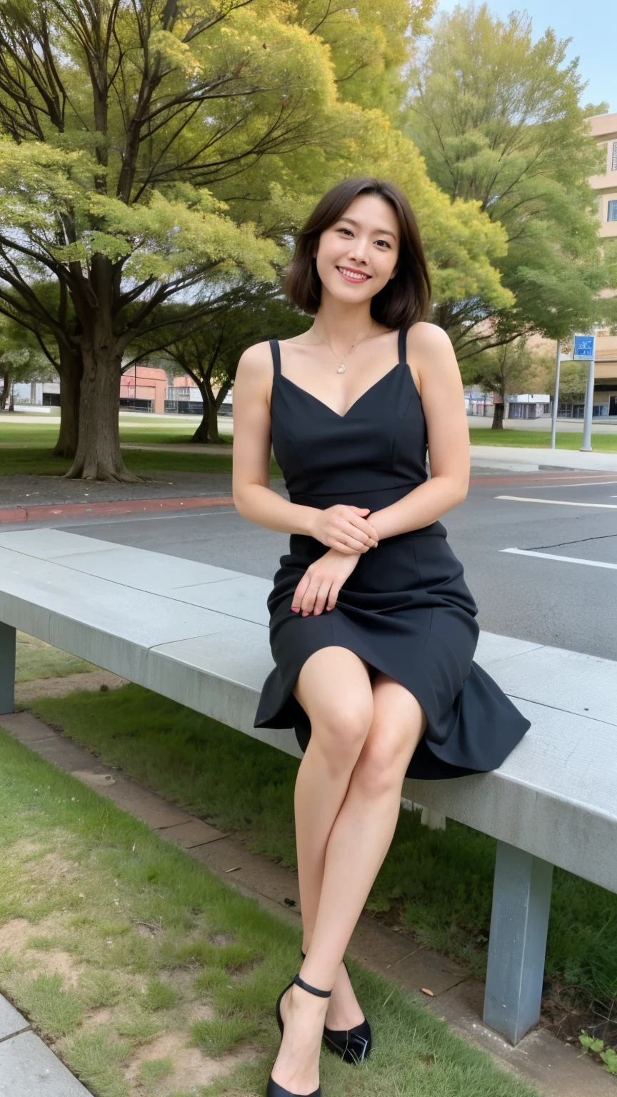 最high quality, In 8K, Masseter region, Vibrant, Sharp focus, high quality, High resolution, Detailed face, fine grain, Thick lips, (Looking at the audience), alone, Beautiful woman, 38 years old, Japanese women, （Short black hair:1.4）、（Bob Hair:1.4）, Cleavage, Lunch break、Large city park、Green Grass、（sitting on a park bench:1.3）、（Full body photo:1）、（Bright pink formal dress:1.5）、（Knee length dresses:1.5）、（Black pumps:1.5）、（Red lipstick:1）、（smile:1.3）、（Standard body type）、（D cup breasts）
