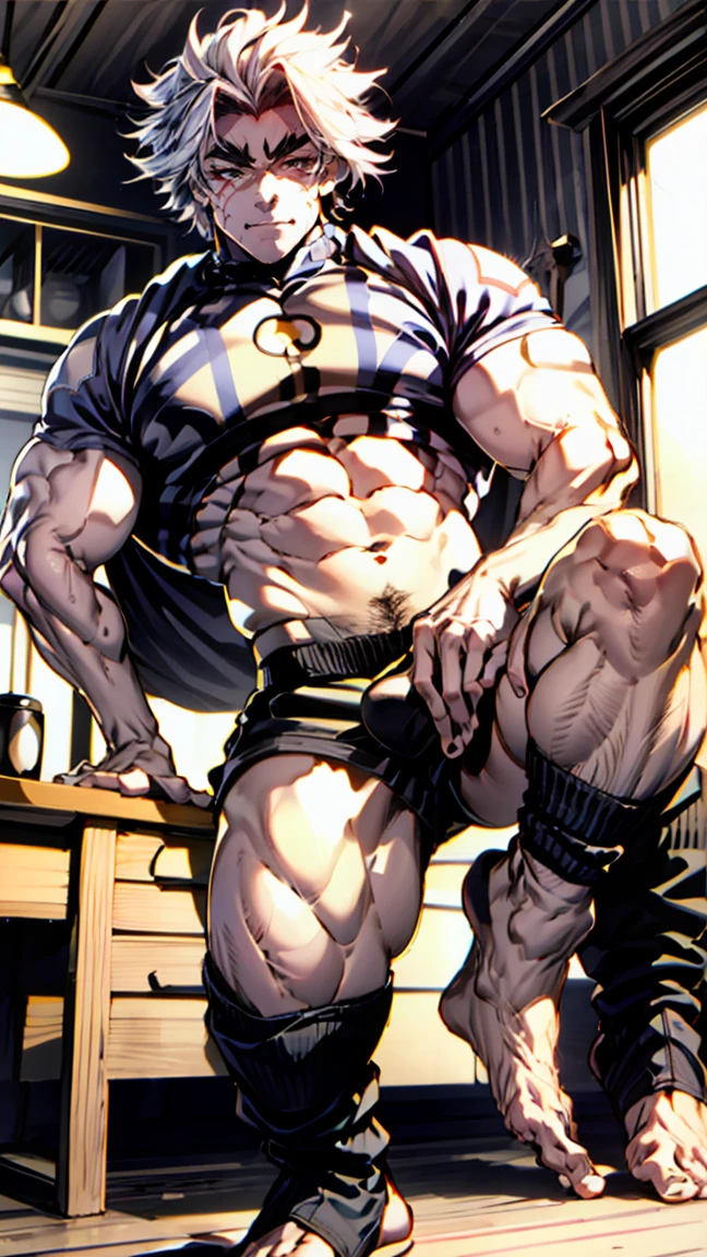 The socks are broken,The tip of the sock is broken by the toe,Leg hair,Muscle male,Chest muscles,muscle,Abdominal muscles,Well-developed muscle,muscle lines,musclestrength,the strong,Robust,Bodybuilding,Black shorts,Boys,juvenile,boy,Single masterpiece, best,Cluttered room,White socks with toes broken,