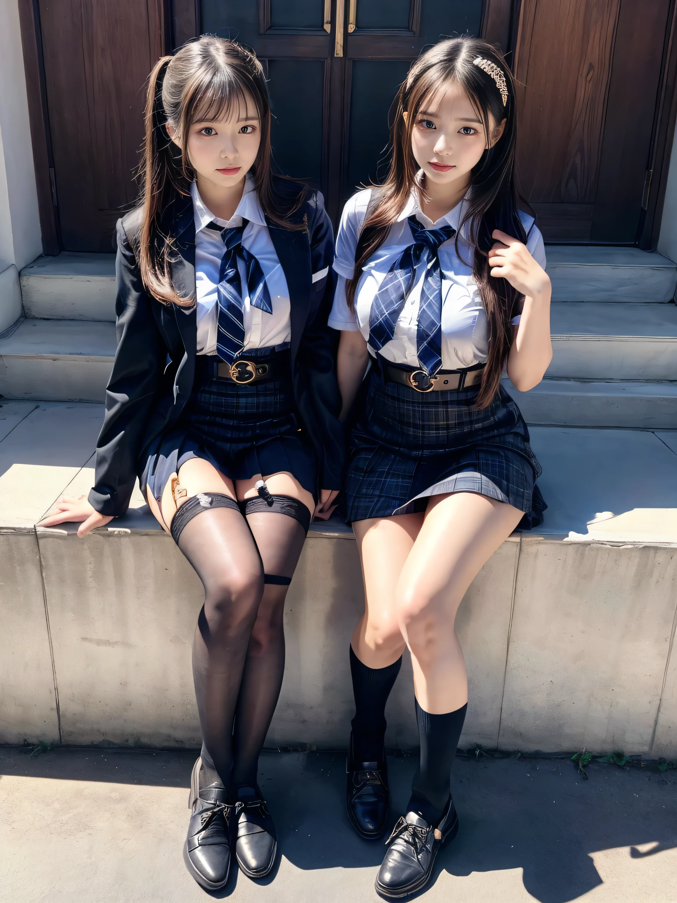 (8K, Raw photography, top-quality, ​masterpiece:1.2), muster piece, best quality, illustration, Super detailed, fine details, High resolution, 8K,wall paper, perfect dynamic composition,(Details High quality, realistic depiction of eyes:1.3), ((2 girls, 2 schoolgirls)), The background is a luxury hotel room、High school girl uniform、blazer 、Super Short Check Uniform Skirt、Navy blue high socks、garterbelts、Colossal tits、Disturbed uniform, Play with each other,Touching each other's bodies,Touching the body of the girl next door, short bob hair, black hair color, huge breasts, Big Natural Color Lip, bold sexy pose, (perfect body shape), crying a little、cold gaze, Beautiful makeup,glitter makeup,Cutest 18 years old、 beautiful legs, hposing Gravure Idol, Voluptuous thighs