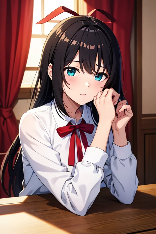 masterpiece, highest quality, High resolution, Absurd, Yukinoshita_Yukino, One girl, Ahoge, Black Hair, Aqua Eye, Red ribbon, , The room is expensive 