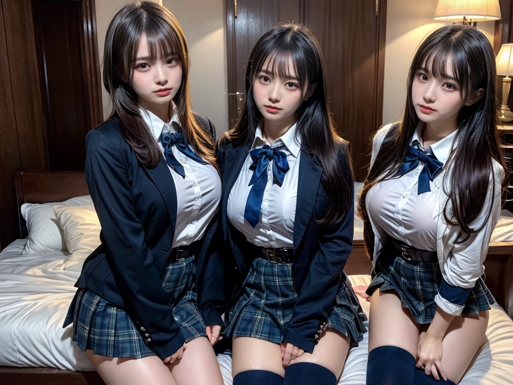 (8K, Raw photography, top-quality, masterpiece:1.2), master piece, best quality, illustration, Super detailed, fine details, High resolution, 8K,wall paper, perfect dynamic composition,(Details High quality, realistic depiction of eyes:1.3), ((2 girls, 2 schoolgirls)), The background is a luxury hotel room、High school girl uniform、blazer 、Super Short Check Uniform Skirt、Navy blue high socks、garterbelts、Colossal tits、Disturbed uniform, Play with each other,Touching each other's bodies,Touching the body of the girl next door, short bob hair, black hair color, huge breasts, Big Natural Color Lip, bold sexy pose, (perfect body shape), crying a little、cold gaze, Beautiful makeup,glitter makeup,Cutest 18 years old, beautiful legs, hposing Gravure Idol, Voluptuous thighs