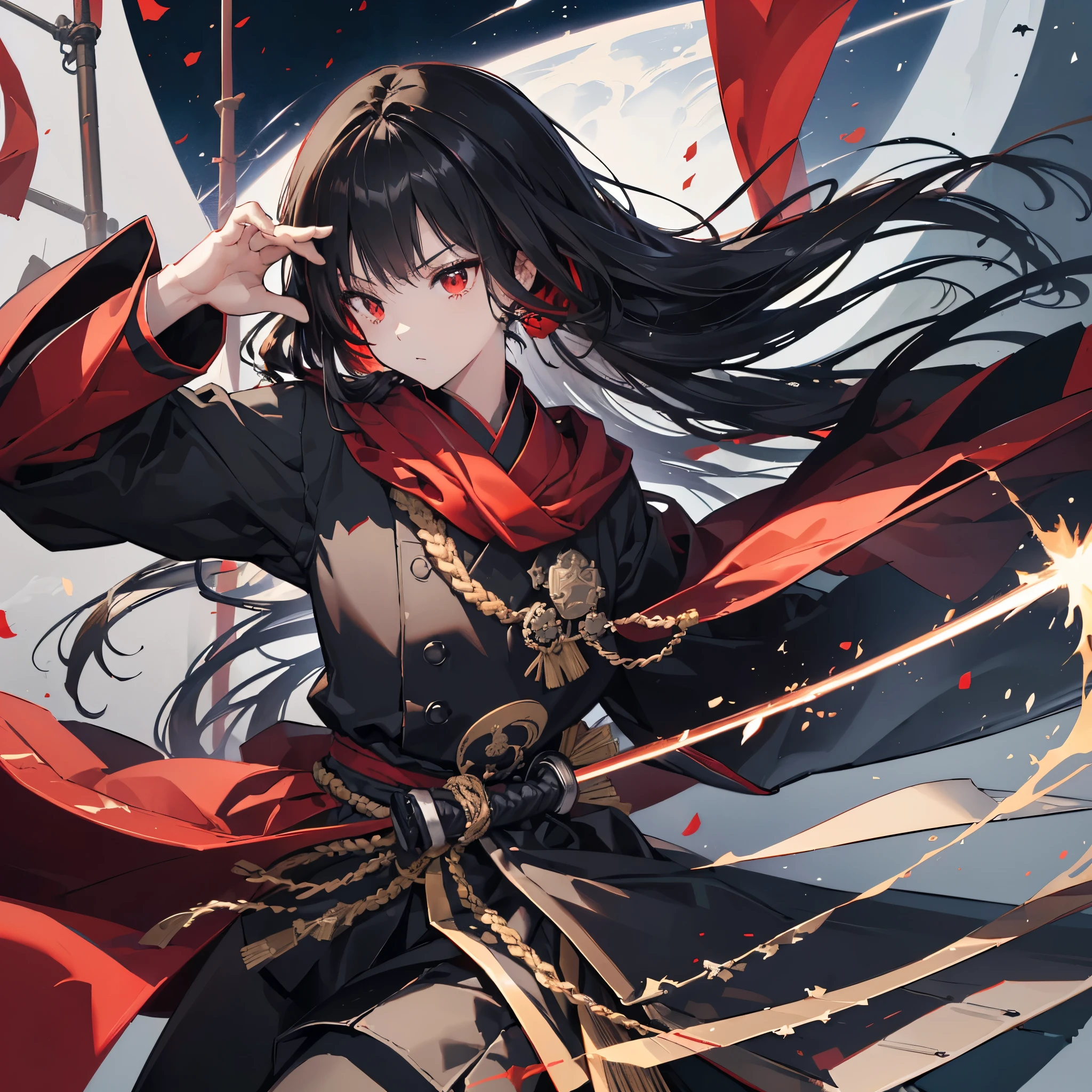 ((blackい髪　Long Hair　black　Military commander　one person　Lonely　Red Flag　Eye patch))　((night　Japanese style　old　Shining Aura))　(Dance　Flame Blade　Shining Japan sword　Draw your sword　Grasp the sword)　moon　star　Draw your sword　Slashing　Catch the wind　print　Tense face　geta　kimono