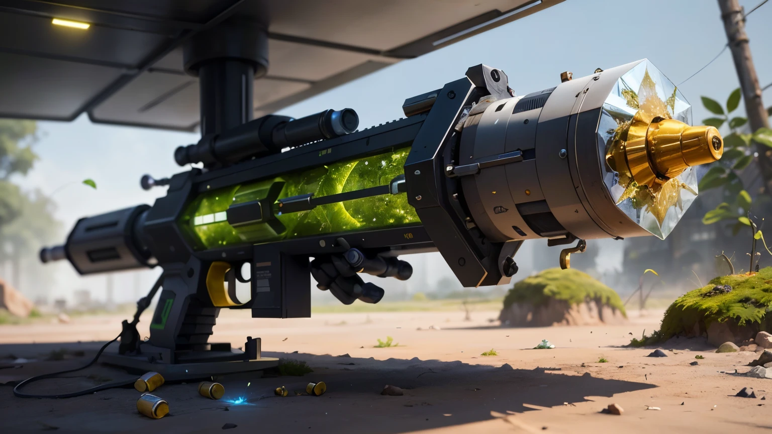 Science Fiction，unmanned，The gun has crystal，Gold gun，plasma，Plant and machine combination，moss，The vine plant attached to the gun，cgi，Realism，Light and Shadow，HD，Extreme details，high resolution，Outdoor scene on the ground，There are colorful particles floating around
