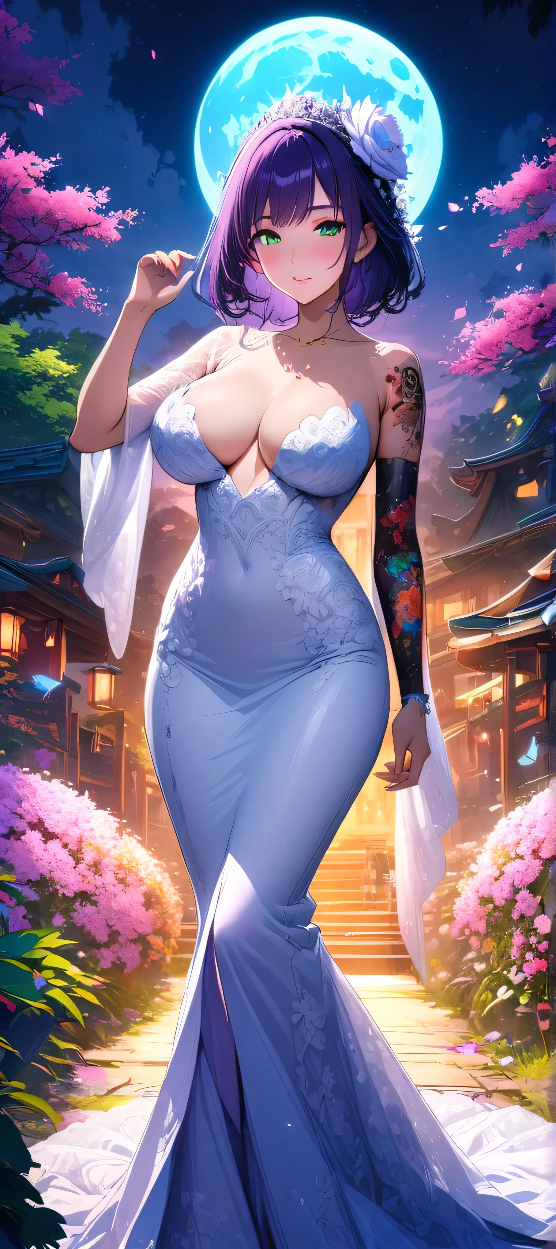 (masutepiece, of the highest quality, Best Quality, Official art, Beautiful and aesthetic:1.2),  Extremely detailed,(Colorful:1.1),highest details, one arafed woman with purple hair and green eyes, big breasts, japanese tattoo sleeve on her right arm, wedding dress, sfw, paridise island, night, blue moon
