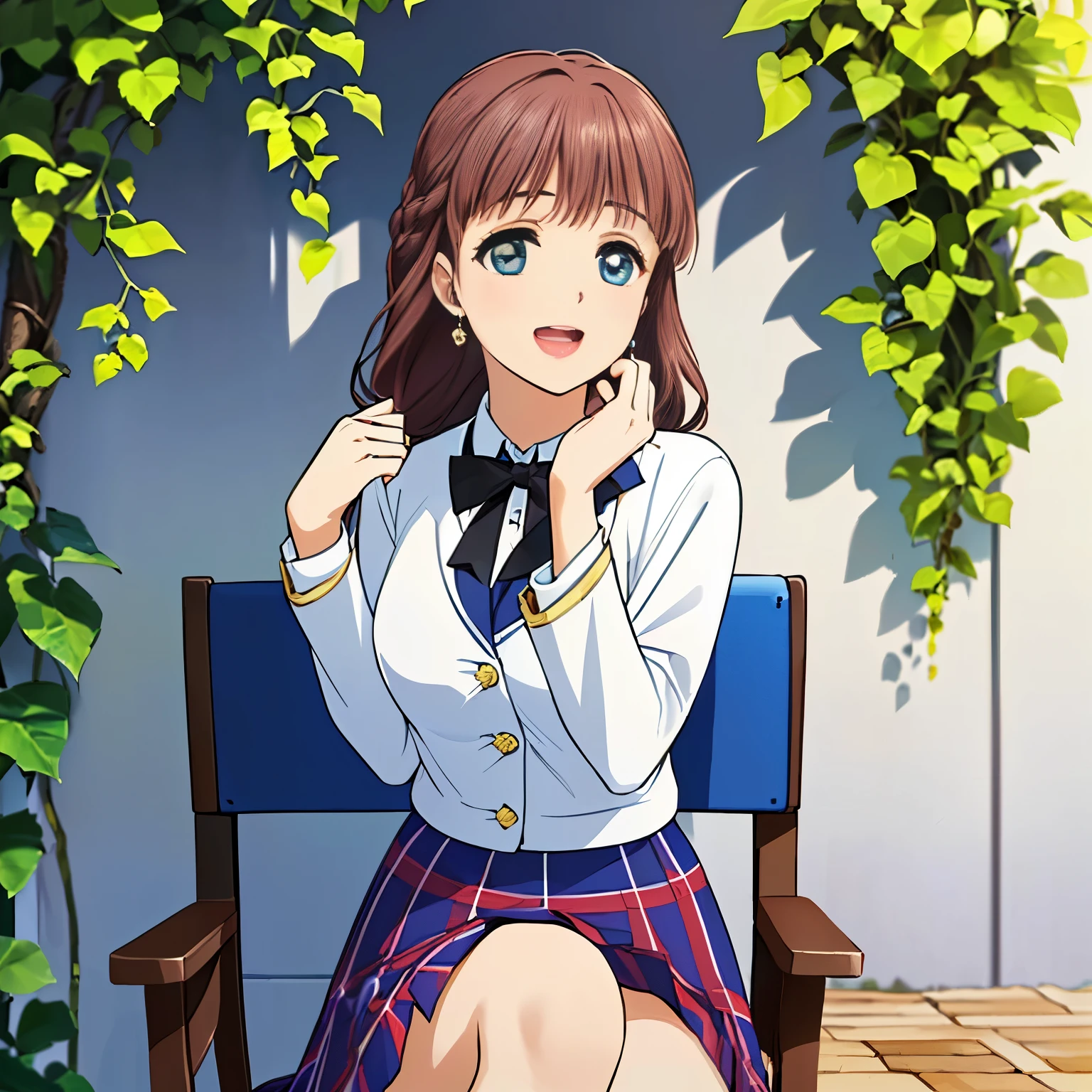 highest quality, (masterpiece:1.2), Very detailed, ((((Game CG)))), ((((A portrait by Renoir of a very noble, mature lady in a , seated in a chair, in profile.)))), ((The girl everyone loves)), (((((Very beautiful, wavy, long flaxen hair))))), ((((A rough textured dark navy blue blazer)))), ((((A long pleated skirt in an elegant dark navy blue check pattern with a rough texture.)))), ((((Very beautiful and shining eyes)))), ((Very long eyelashes)), A big white ribbon on the chest, ((A refined and elegant look like a noble princess)), (((Beautiful and great smile))), ((Small face and great posture)), ((Give the viewer a heavenly feeling of happiness)), (((Blur the background))), ((Very noble and elegant face)), ((Slender and shapely breasts)), (((laughing at me with pity!))), The background is a wall covered in deep green ivy., Gold hair ornament and earrings, ((The elegant, slightly open mouth and glossy lips of an anime heroine)), A strong wind is blowing