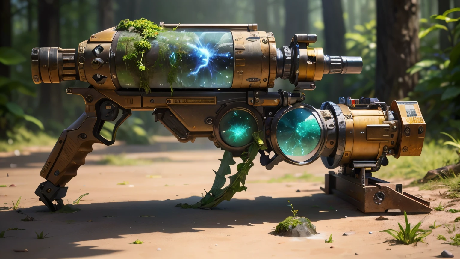 Science Fiction，unmanned，The gun has crystal，Gold gun，plasma，Plant and machine combination，moss，The vine plant attached to the gun，cgi，Realism，Light and Shadow，HD，Extreme details，high resolution，Outdoor scene on the ground，There are colorful particles floating around
