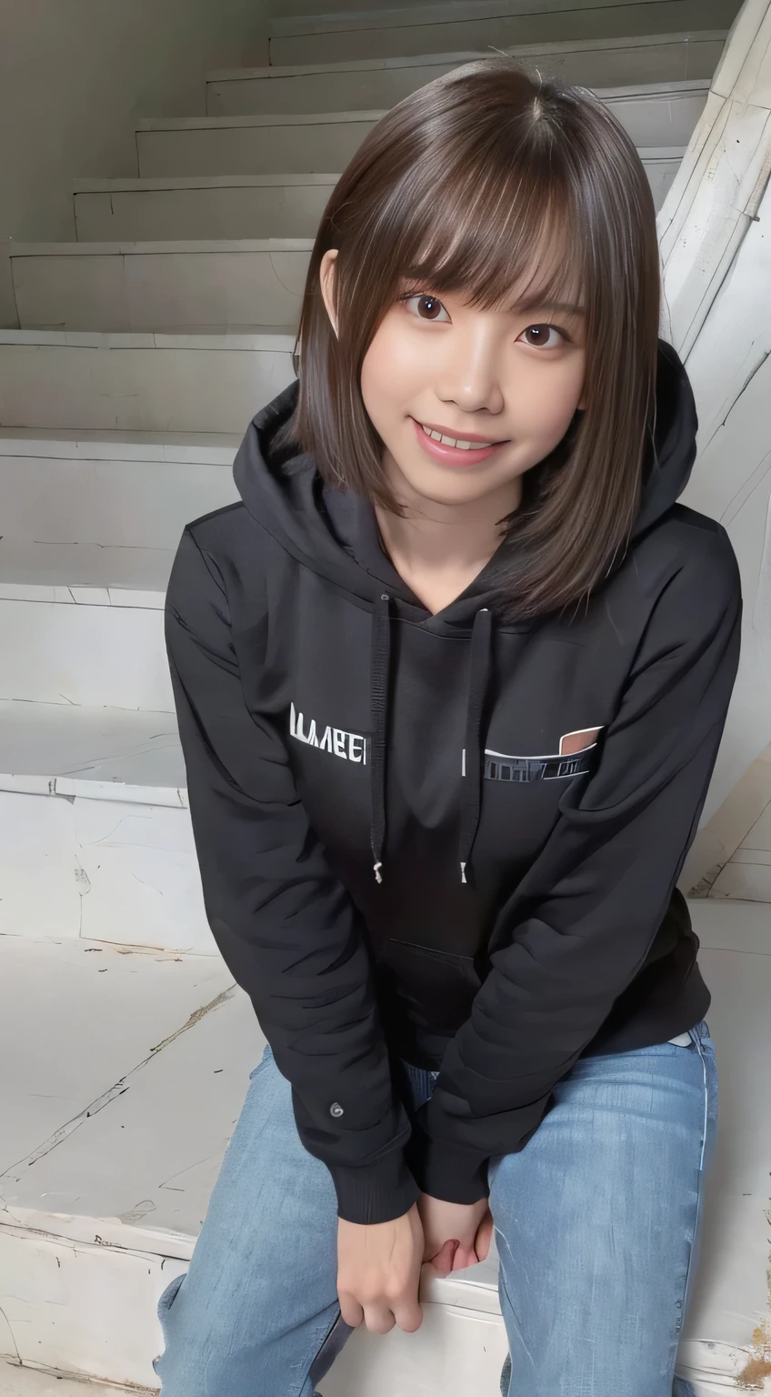 highest quality, Realistic, Very detailed, Finer details, High resolution, 8k wallpaper, One beautiful woman,Sit on the stairs、（Wear black socks）smile、（Beautiful teeth alignment、）（Gums are visible） Oversized hoodie, Skinny jeans,（ Black sneakers）、Black Hair、 Beautiful Bangs、ear piercing、Perfect dynamic composition, Beautiful and detailed, Full Body Shot, A big smile brown hair