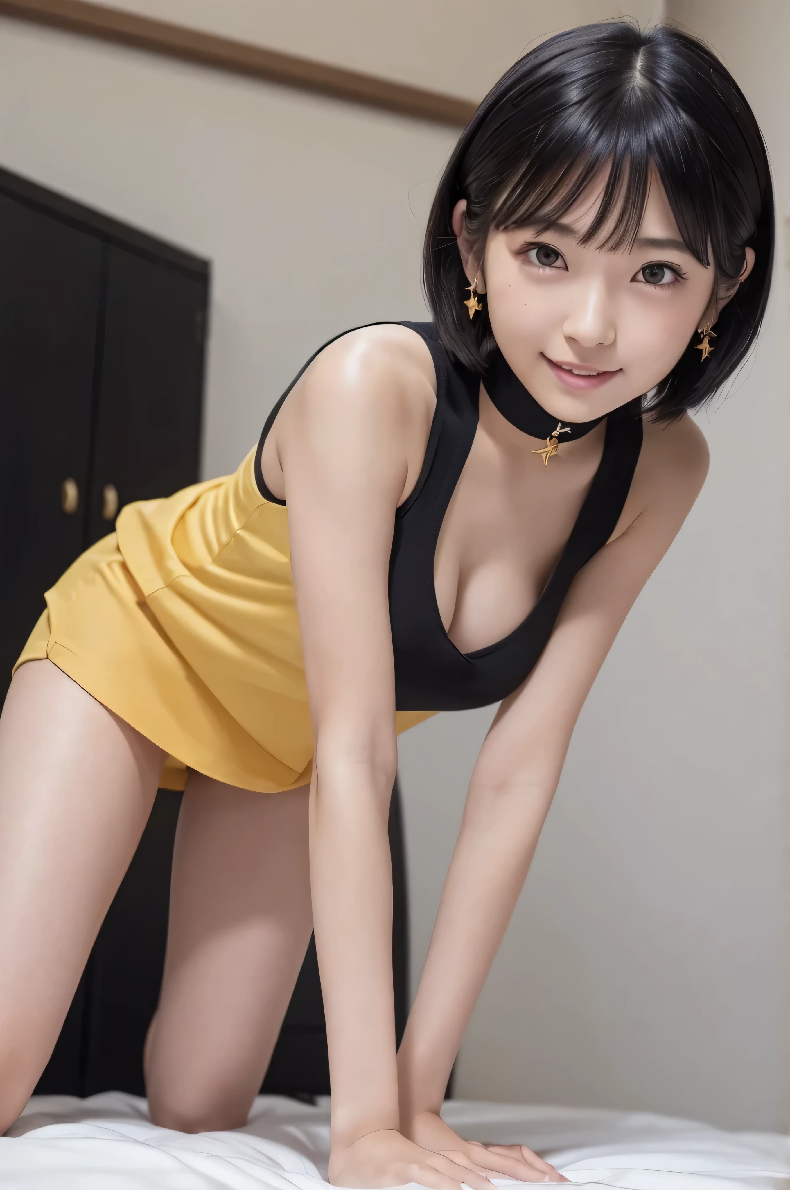 ((highest quality, 8k, Flying debris: 1.3)), beauty, Japanese Girls, whole body, Perfect Anatomy, Black Hair, Blunt bangs, Short hair tied up with hairpins、23 years old, Face Focus, Detailed face, Highly detailed lips, Fine Eyes, Sweaty skin: 1.2, ((On all fours)),Toothy smile,Colorful sleeveless dress,In my room,((So that you can see all the way up to your thighs)),Gold earrings,Knee-high socks,choker,