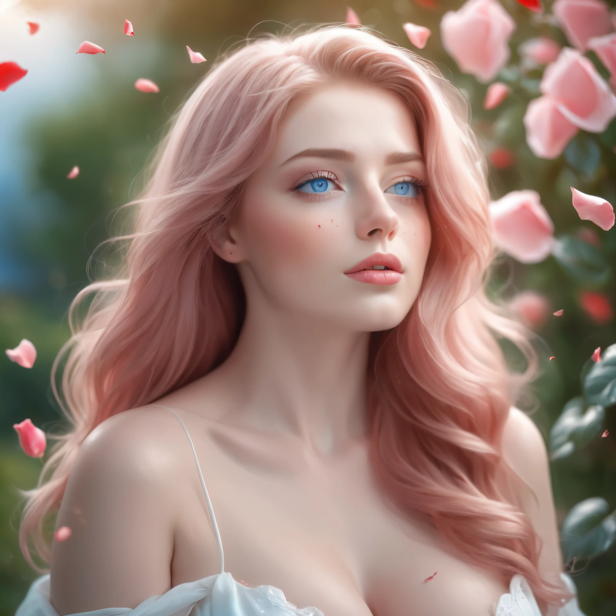 (best quality, realistic, ultra-detailed), a beautiful woman, large breasts, looking up, hair blowing in the wind, and red rose petals falling. perfect makeup, detailed eyes, and lips, long flowing pink hair and blue eyes, graceful pose, vibrant colors, soft lighting, romantic atmosphere, elegant and confident expression, delicate features, flowing dress, natural surroundings, dreamy ambiance. canon eos r3, 20 megapixels