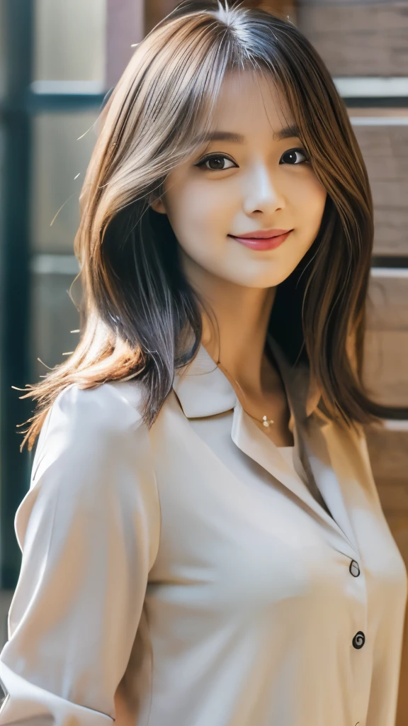 (Very detailed CG Unity 8k wallpaper, highest quality, Very detailed, Looking at the camera:1.2, The light shines on your face:1.5, Gray background, Professional Lighting), Japan female, 26 years old, Upper body composition with brightly lit face. She has an oval face, Soft arched eyebrows, bright expressive eyes,, pronounced nose, And a friendly smile. Her hair is shoulder-length, straight, Dyed a light chestnut color. She is wearing a smart casual blouse, Probably soft colors, Paired with a chic blazer, Embody her lively and sociable personality