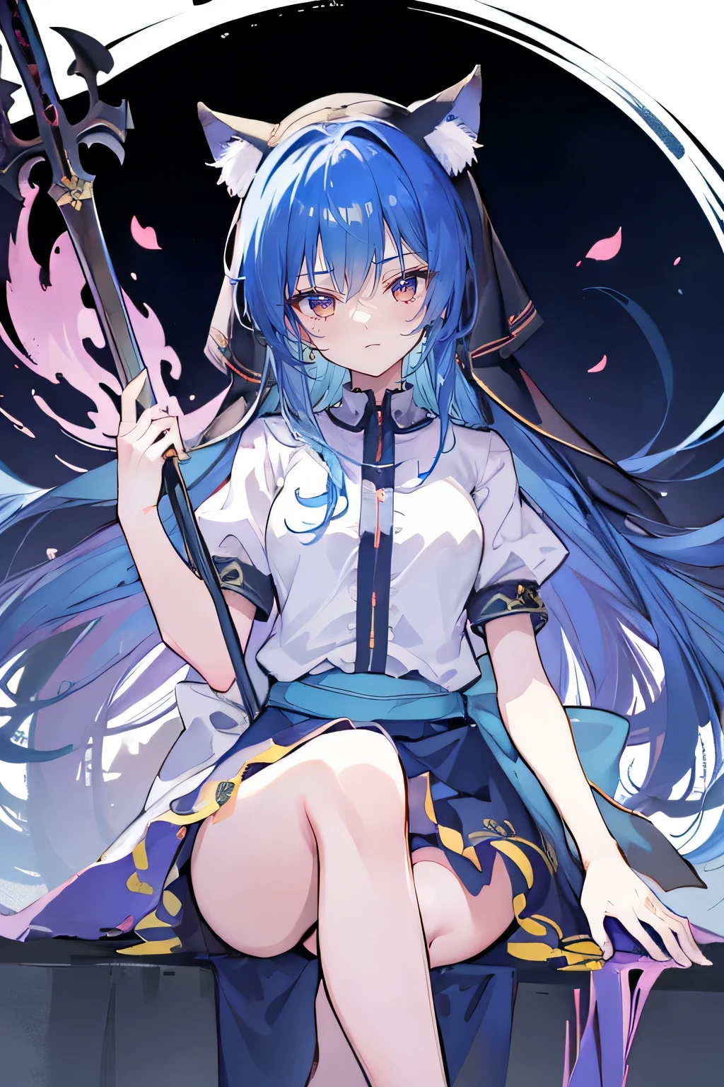 (masterpiece:1.2), extremely detailed, practical, expressive eyes, fair skin, perfect face shaping, 1 girl, japanese anime, gorgeous blue hair, the long flowing blue hair, floating clothes, cat ears, petals fall, beautiful lola, young angel, place your hands on your waist, sit elegantly on the ground, cross your legs, gentle and peaceful background, stately church, nun, detailed anime girl holding a sword in a fire scene, epic anime artwork, 4k anime wallpaper, 4k anime art wallpaper, 4k anime art desktop, 4k anime wallpaper, 8k anime art wallpaper, 4k anime wallpaper, 8k evil anime, anime wallpaper, anime wallpapers, hd anime wallpaper, 4k anime style