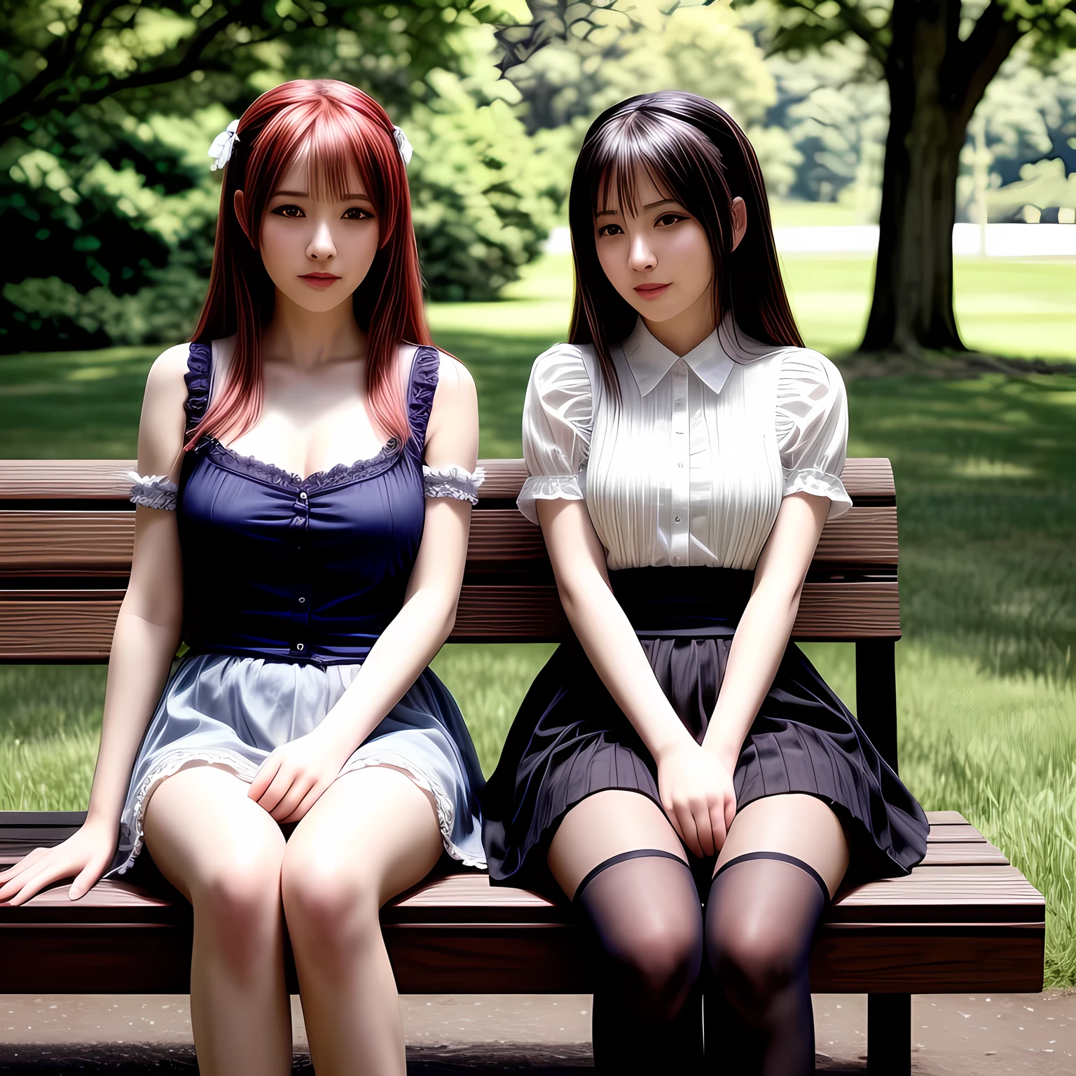 2 mature females, short skirts, long stocking with garter, sitting on bench at the park, daylight, (covered nipples:0.3), photo, photorealistic, photorealism