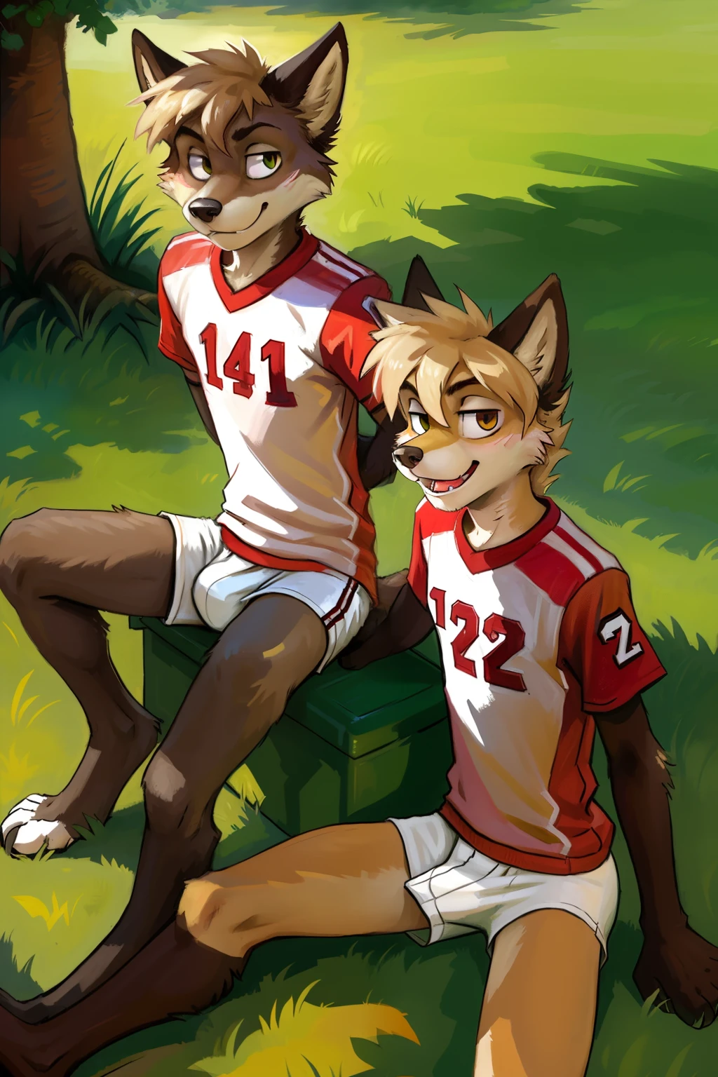 Duo, wolf, ((male)), slender, ((twinks)), detailed, uploaded to e621, beautiful and detailed portrait of an anthropomorphic boy, fauxhawk hair, (((male))), kenket, uploaded to e621, (football shirt oversized, white cotton briefs, bulge), park, sitting on grass, legs spread, white socks