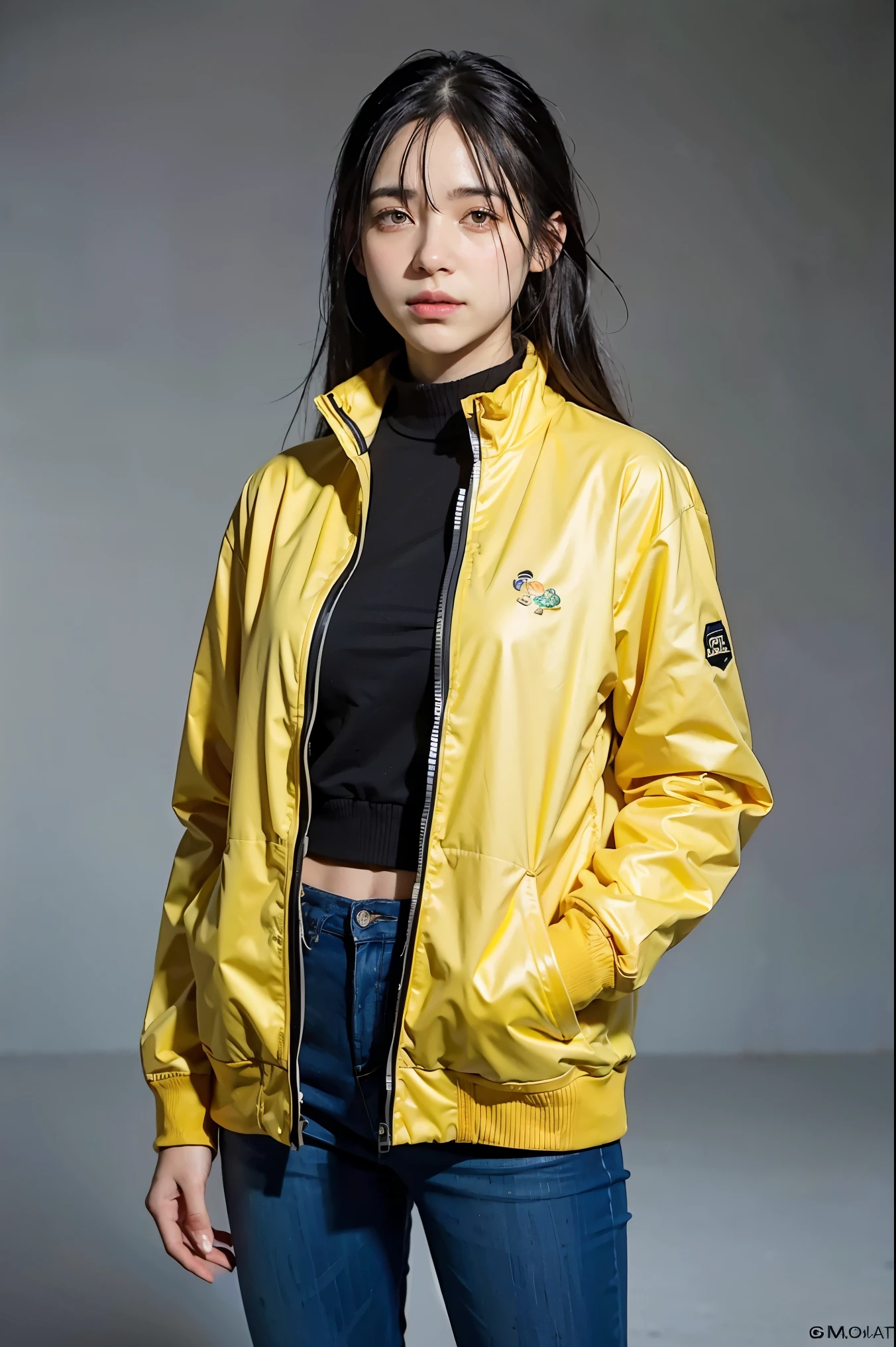 A girl, yellow jacket, hands in pockets, staring at another person, long black hair, heterochromic eyes, heterochromic eyes, heterochromic pupils, 8k resolution, very detailed, anatomically correct, digital painting, concept art, Makoto Shinkai style, clear picture,