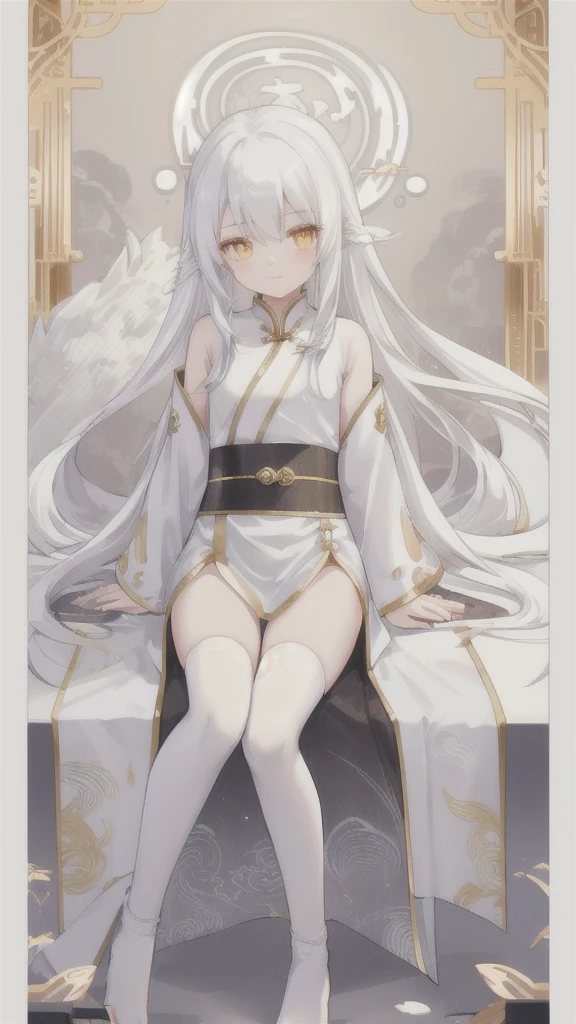Long silver hair,white dragon horn,Golden Eyes,silver hanfu,white stockings