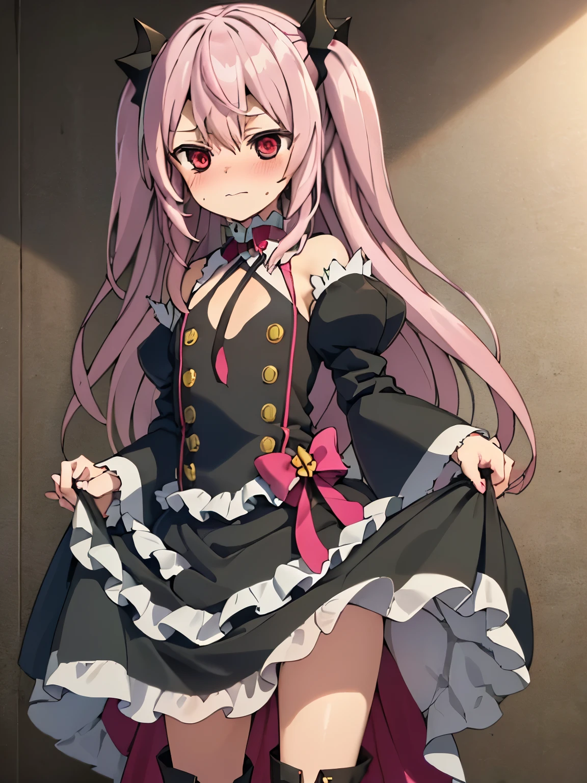 NSFW,Krul Tepes、Red eyes、Flat Chest、Long Hair、Pink Hair、Two Side Up、hair ornaments、boots、Black Dress、Bare shoulders、Wide sleeves、ribbon,(Perfect hands),(Perfect Anatomy),(masterpiece),(highest quality),Embarrassed,blush,(Skirt Lift:1.5)