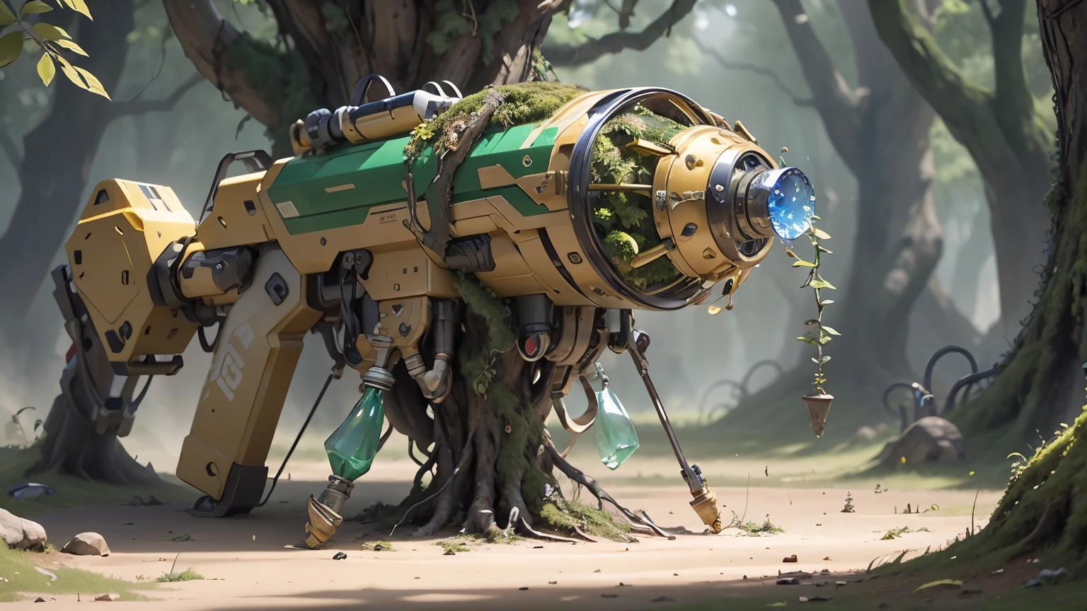 Science Fiction，unmanned，The gun has crystal，Gold gun，plasma，Plant and machine combination，moss，The vine plant attached to the gun，cgi，Realism，Light and Shadow，HD，Extreme details，high resolution，Outdoor scene on the ground，There are colorful particles floating around
