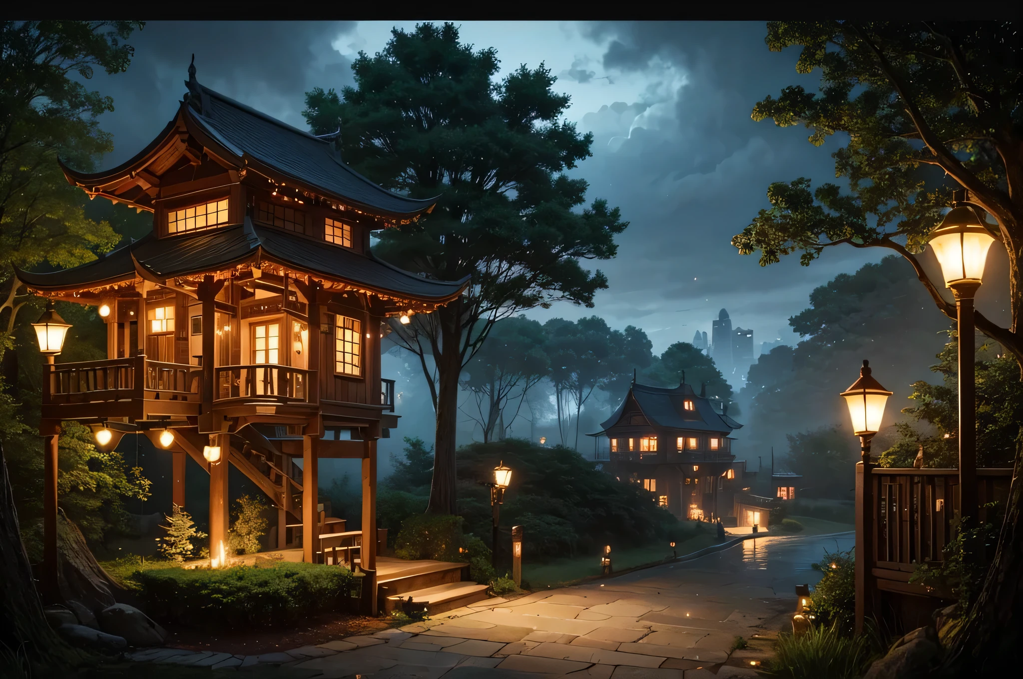 There is a tree house there，There are a lot of lights on it, Arthur Pan&#39;s storybook illustrations, Artstation Contest Winners, Fantasy Art, enchanted Magical Fantasy Forest, Magical Fantasy Forest, Magic Fairytale Forest, Immortal Palace, Magic tree, Magic fantasy very detailed, Whimsical fantasy landscape art, Magical fairy tale background, Detailed fantasy digital art, Fantasy tree, Immortal Palace