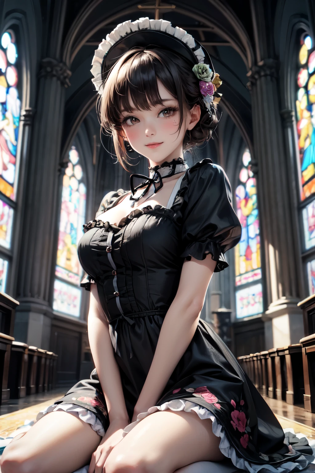 very cute and beautiful girl,(highly detailed beautiful face and eyes),(smile:1.2),blush,embarrassed,black hair,looking at viewer,
(floral pattern brown lolita dress with detailed frills),detailed lace,
kneeling,arms behind back,altar,church,indoors,
(best quality,masterpiece),absurdres,highres,ultra-detailed,extremely detailed,32k,8k resolution,
intricate details,cinematic scene,detailed background,solo,dynamic angle,