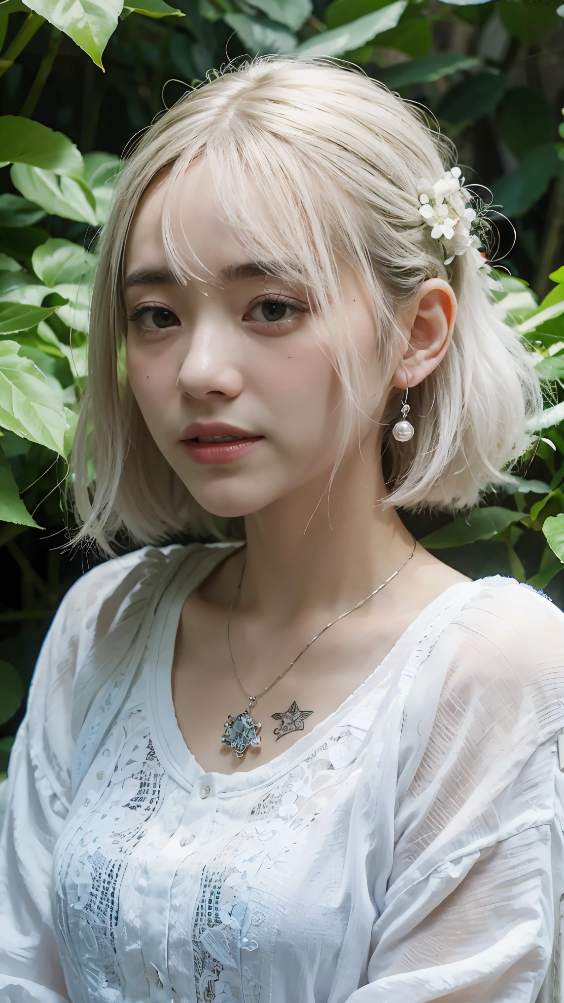 1girl, solo, white_hair, tattoos, grotto, verdant, flowers, beautiful, idyllic, sublime, absurdres, hyper-realism, textured, maximum_detail, dslr 