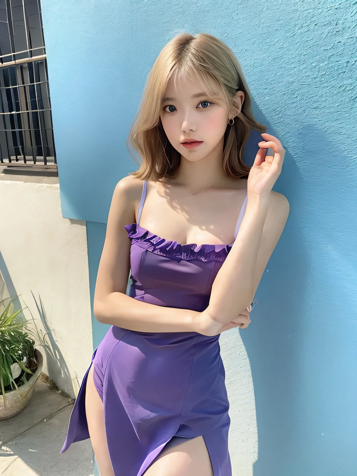 one person、、Full body photo、slender、woman、White drool coming out of the mouth、short hair、Blonde、 Fair skin, messy hair, super cute、Soft and Face、8K resolution、Surreal、Ultra high definition、 A-cup small breasts((Highest resolution、8k、masterpiece:1.3))、Ultra-fine face、Ultra Fine Lips、Beautiful Eyes、double eyelid,Light blue wall、Purple bandeau dress:1.1、Thighs、thin,Thighs are visible、Shapely small breasts、