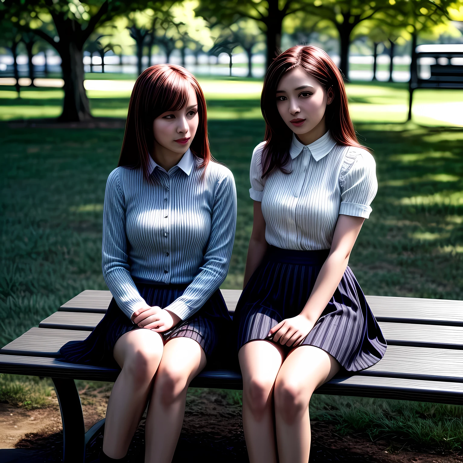 2 mature females, short skirts, long stocking with garter, sitting on bench at the park, daylight, (covered nipples:0.3), photo, photorealistic, photorealism