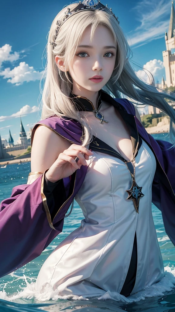 8k resolution，Female magician，There is a circular rune on the head，float，Castle Background，White skin，，Asian，one person，ta