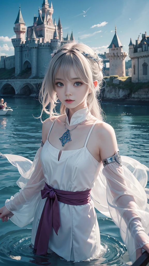 8k resolution，Female magician，There is a circular rune on the head，float，Castle Background，White skin，，Asian，one person，Lolita