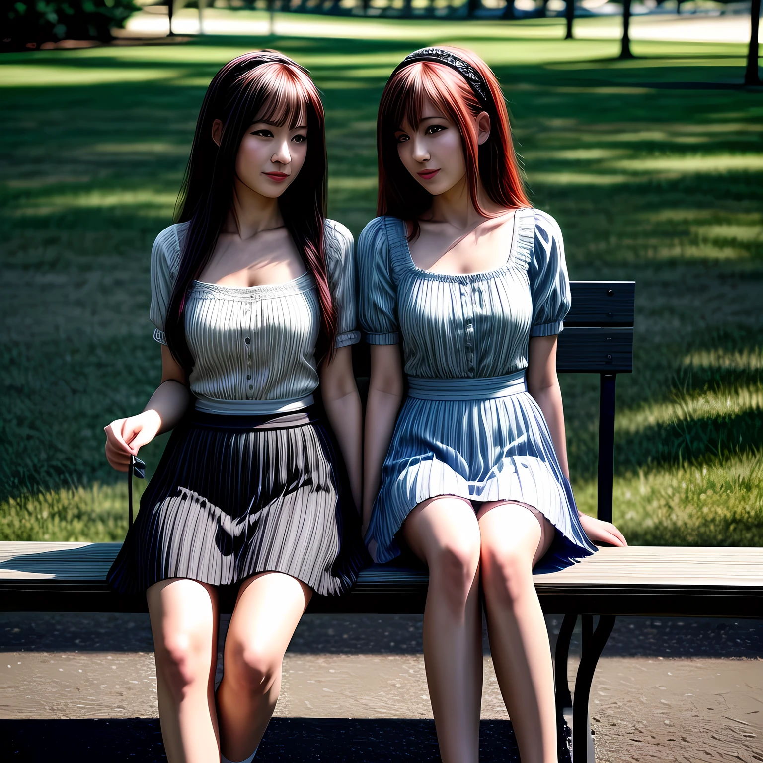 2 mature females, short skirts, long stocking with garter, sitting on bench at the park, daylight, (covered nipples:0.3), photo, photorealistic, photorealism